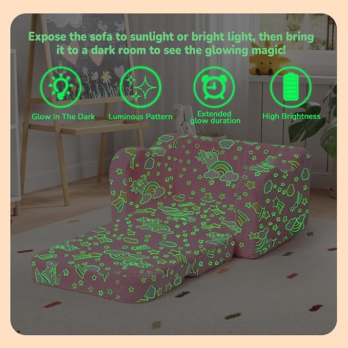 MeMoreCool Glowing Pink Rainbow Kids Chair, 2-in-1 Glow-in-the-Dark Kids Couch - Image 4