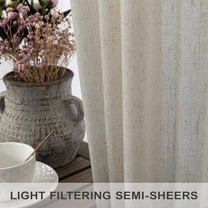 Beige Curtains 38 Inch Width for Living Room 2 Panels Back Tab Rod Pocket Flax - Image 5