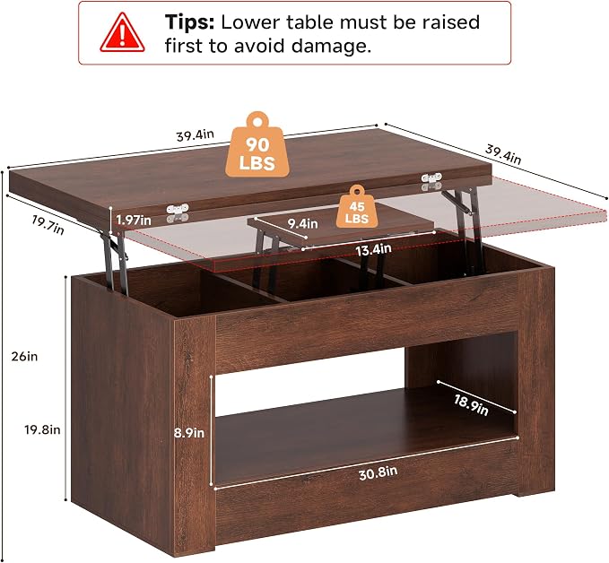 UNIQUITE 40" Lift Top Coffee Table, 4 in 1 Multi-Function Lift Coffee Tables - Image 2