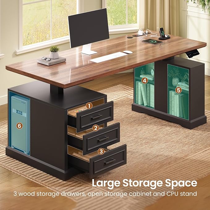 SEDETA Farmhouse Electric Standing Desk, Storage Shelves, Power Outlets - Image 5