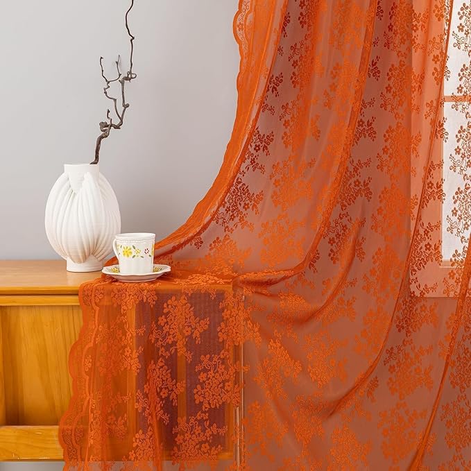 YJ YANJUN Lace Curtains 80 Inches Long, Burnt Orange Sheer Curtain Panels | - Image 4