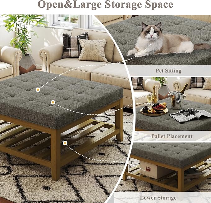 Befurtori Large Square Ottoman Coffee Table, Linen Solid Upholstered Footrest - Image 5
