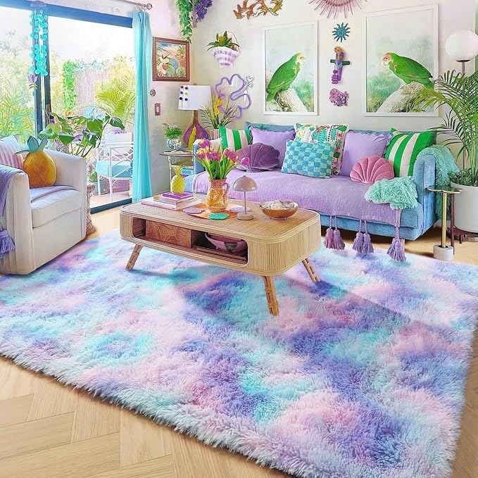 Amdrebio Purple Rainbow Mermaid Furry Kids Area Rug 5x8 - Image 7