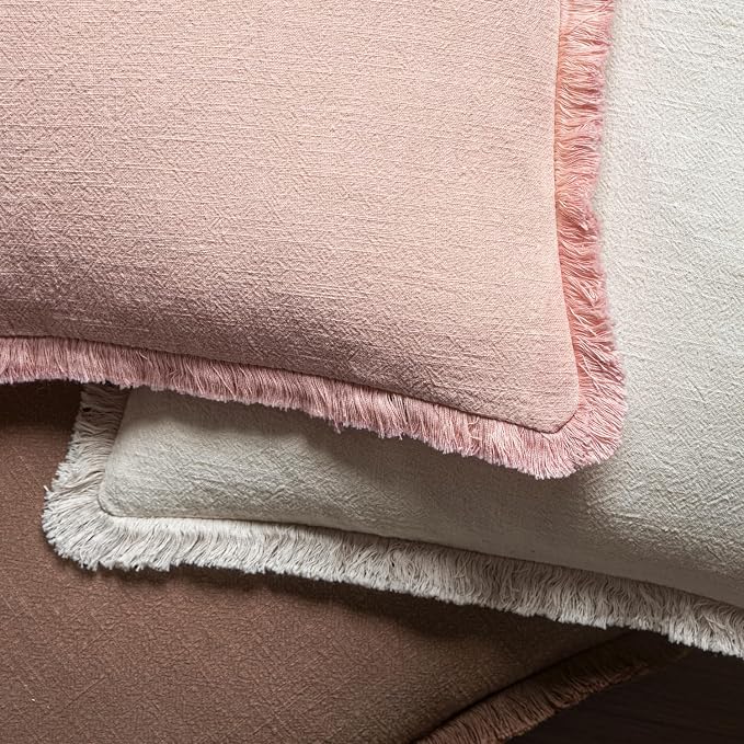 MIULEE Boho Linen Fringe Decorative Throw Pillow Covers Pink 18x18 | Set of 2 - Image 4
