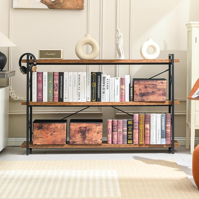 HCHQHS Bookshelf, 3-Tier Long Industrial Bookcase, Rustic Open Book Shelf - Image 2