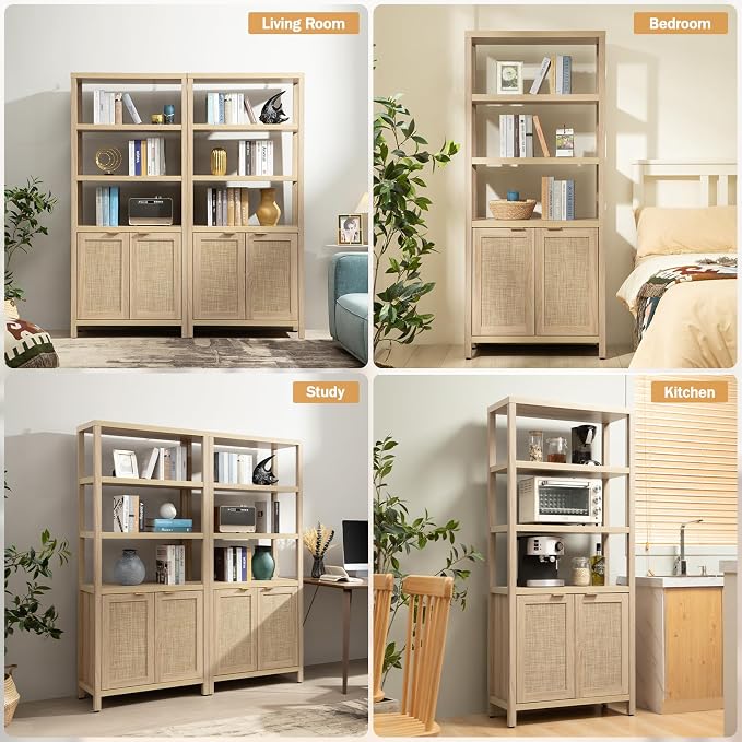 SICOTAS Bookshelf 5 Tier Book Shelf Rattan Boho 71" Tall Bookcase - Image 7