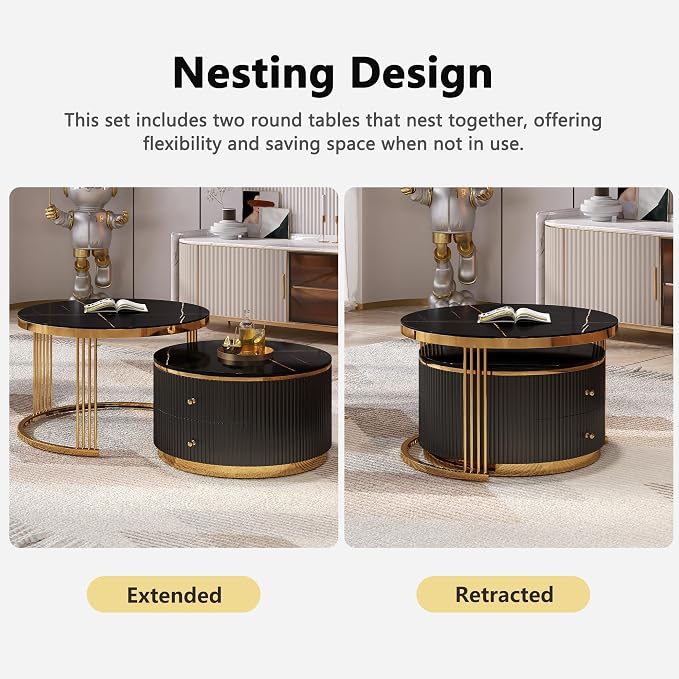 Modern 2 Pieces Black Round Nesting Coffee Table - Image 7