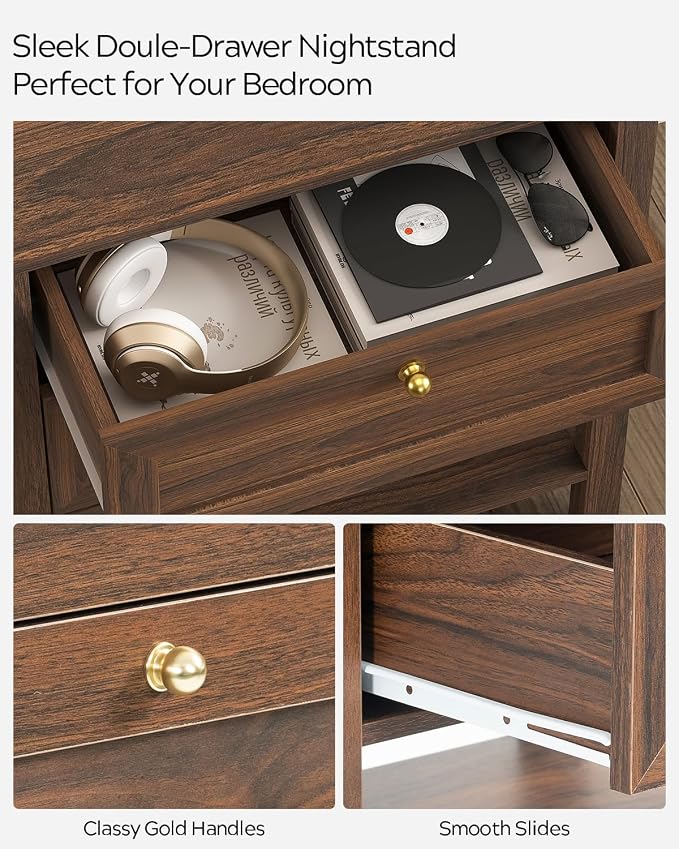 EYYTHUNG Brown Nightstand with 2 Drawers, Farmhouse Floor Night Stand with Open - Image 4