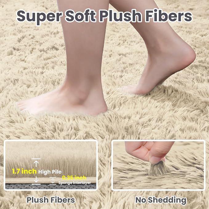 4x6 Fluffy Shag Area Rugs for Living Room Bedroom: Soft Plush Carpet Beige | - Image 5