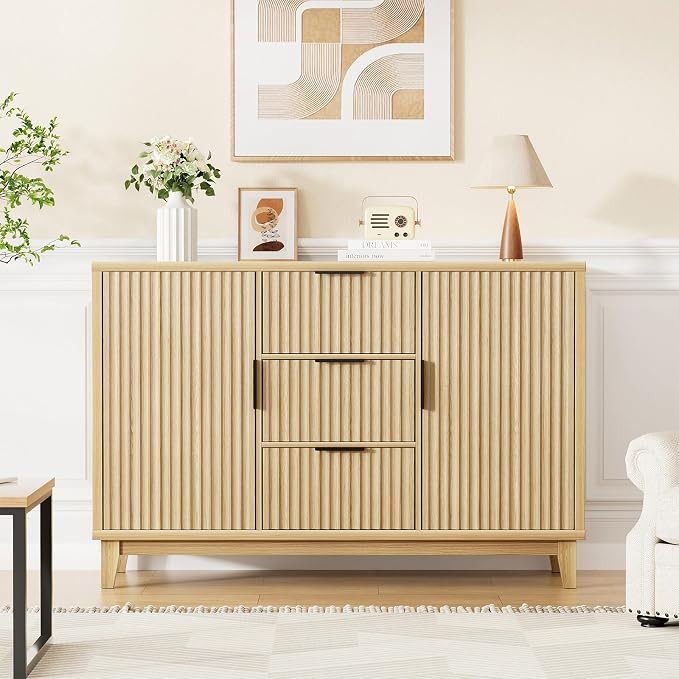 47.2" W Storage Cabinet with 3 Drawers, Fluted Buffet Cabinet with Storage by FiveWillowise