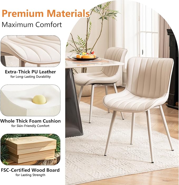 YOUNUOKE Mid-Century Modern Dining Chairs Set of 2, Cream PU Leather - Image 5