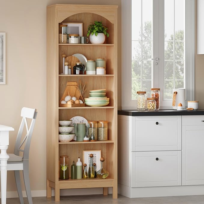 Arched Bookshelf with 5 Tier Open Shelves, Study and Living Room, Natural Oak - Image 8