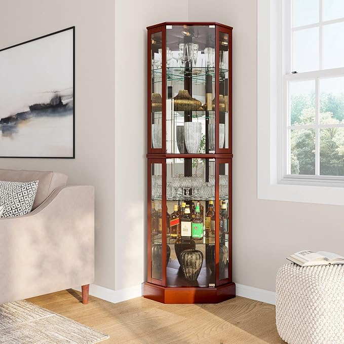 BELLEZE Lighted Corner Display Curio Cabinet, Bar and Liquor Storage Area - Image 3