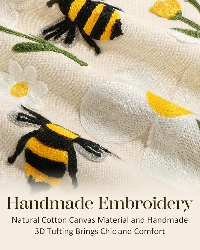 Embroidered Lumbar Pillow Cover 20x12 Inch, Flower Bee | Decorative Throw - Image 2