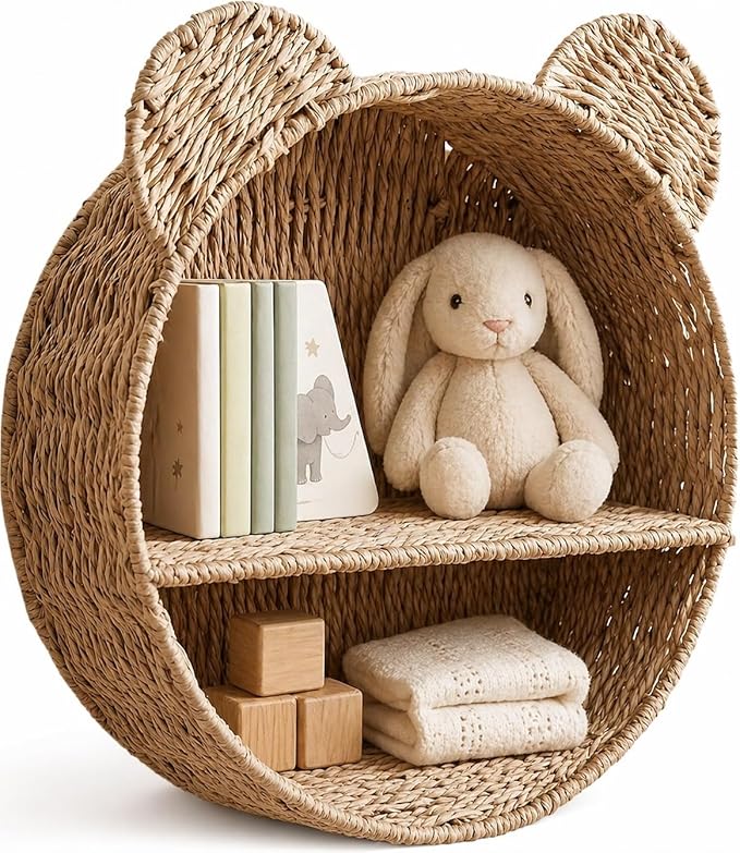 Woven Wall Basket Shelf Bear Nursery Decor — Boho Handwoven Hanging Wall Decor by Rattanzenith