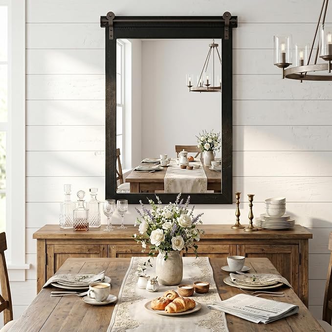 24"x36" Black Barn Door Wall Mirror, Solid Wood Framed Rustic Accent Mirror - Image 9