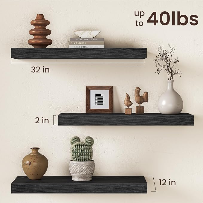 32Inch Black Floating Shelves for Wall, 12 Inch Deep Shelves for Bedroom - Image 3