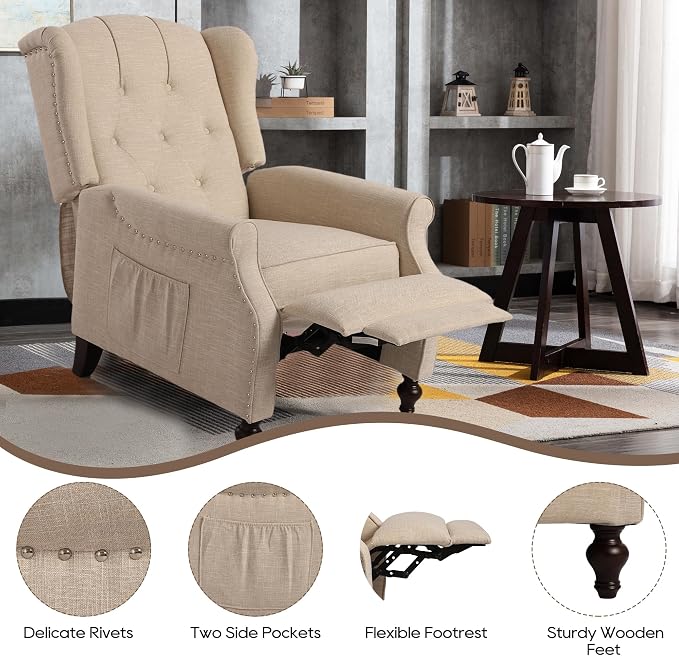 Wingback Recliner Chair with Massage and Heat, Tufted Fabric Push Back Recliner - Image 5