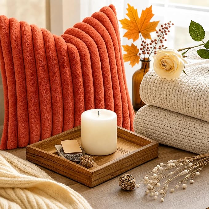 decorUhome Fall Faux Fur Throw Pillow Covers 22x22 Set of 2 Rust | Decorative - Image 8