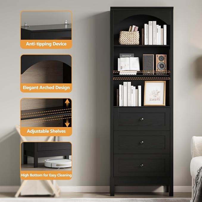 Bookshelf with Drawers, Floor Standing Display Storage Cabinet - Image 5
