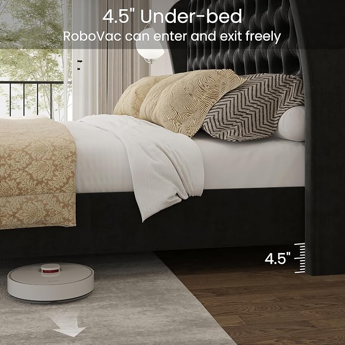 LARMACE King Size Bed Frame Velvet Upholstered Platform Bed - Image 6