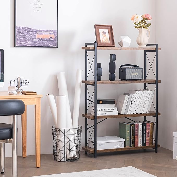 HCHQHS Bookshelf, 4-Tier Industrial Bookcase, Rustic Open Book Shelf, - Image 2