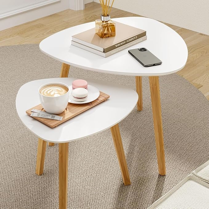BAMEOS Bamboo Nesting Triangle End Table, Balcony in White - Image 2