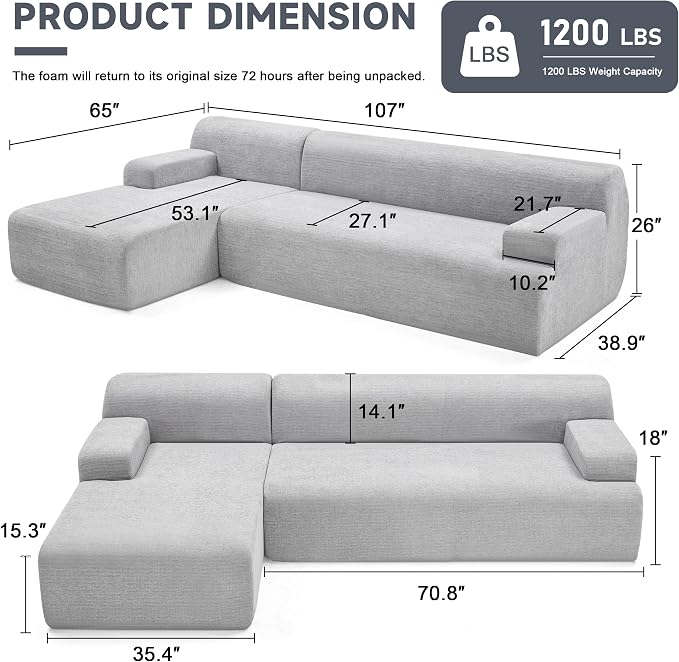 Weture 107" Modular Sectional Cloud Couch, Boneless couches Sponge sectionals - Image 2