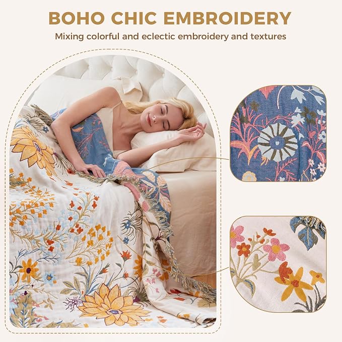 LUTBM Boho Throw Blanket for Couch Sofa Chair Cotton Summer Breathable Blankets - Image 3