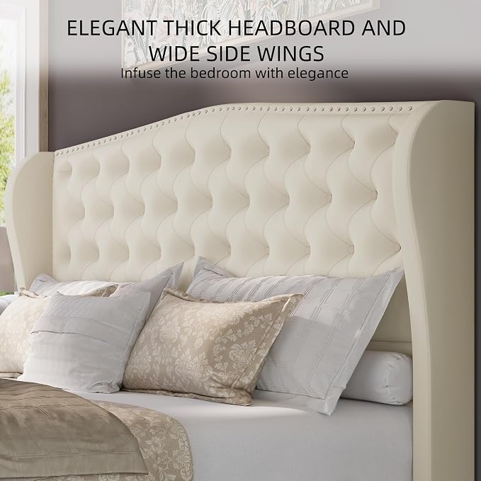 BRELTAM Upholstered Queen Size Bed Frame Velvet Beige Tufted Platform Bed Frame - Image 3