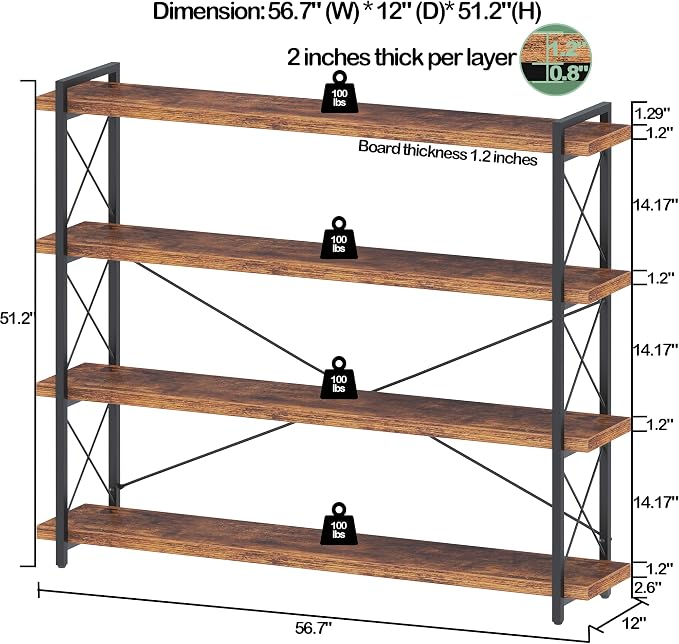 HCHQHS Large Bookshelf, 4-Tier Long Industrial Bookcase, Rustic Brown Book Shelf - Image 3