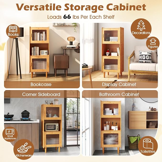 Giantex Bamboo Storage Cabinet, 3-Cube Bookcase, Freestanding Liquor Display - Image 5