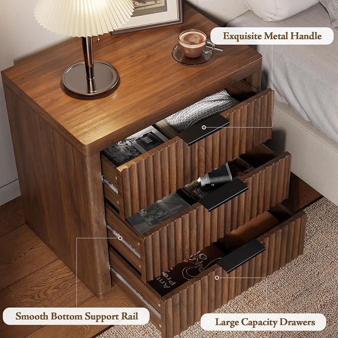 Fluted Nightstand with 3 Drawers, Tall Bed Side Table with Metal Handle - Image 5