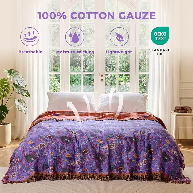 LUTBM Boho Throw Blanket for Bed 100% Cotton Soft Lightweight Quilt Home Decor - Image 2