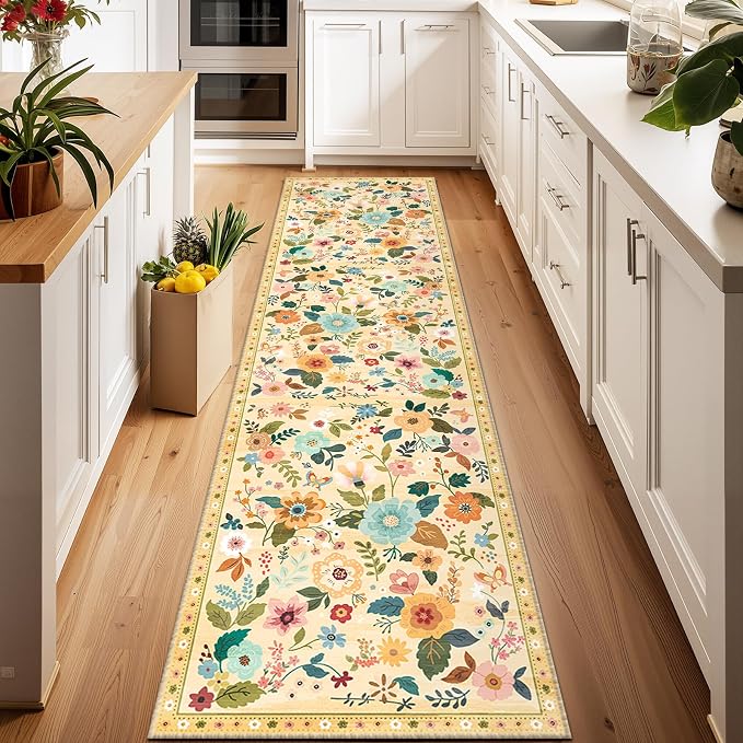 Floral Washable 2x6 Area Rugs Runner Entryway Hallway Ivory/Yellow | Flower - Image 2