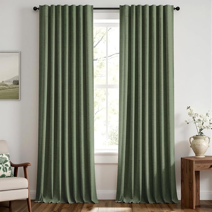 MIULEE 100% Blackout Linen Curtains 42 x 96 Inch Olive Green 2 Panels | Thermal by MIULEE