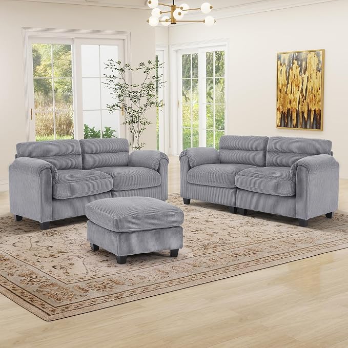 HAOMARKETS Corduroy Sofa Set, Upholstered Ottoman, Loveseat Set of 2with Plush by HAOMARKETS
