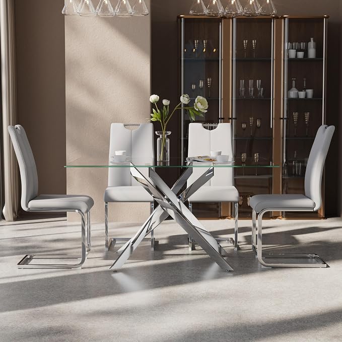 5-Piece Dining Table Set for 4, Modern Rectangular Glass Table - Image 3