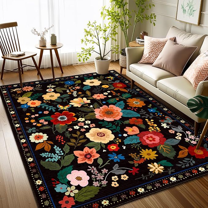RELEANY Floral Washable 4x6 Area Rugs Black | Flower Carpet Print Boho Cute Non - Image 8