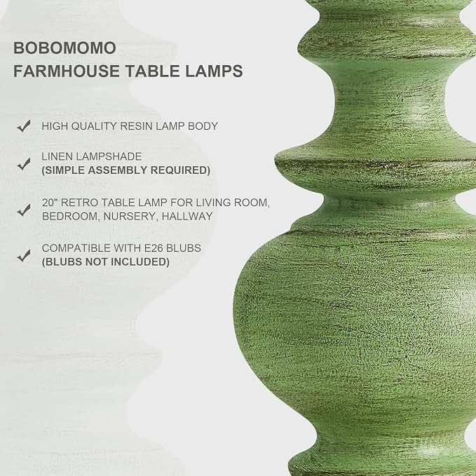BOBOMOMO 20" Sage Green Table Lamps Set of 2 – Farmhouse Resin Bedside Lamps - Image 3