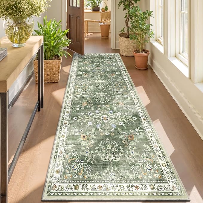 Yamaziot 3x8 Washable Hallway Runner Rug Non Slip Floral Carpet, Sage Green | - Image 6