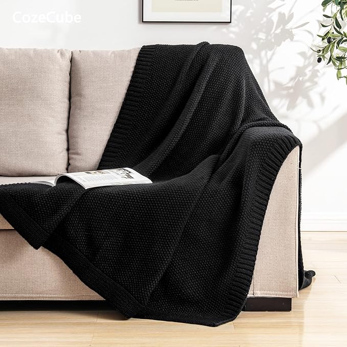 CozeCube Jet Black Seed Stitch Throw Blanket 60"x80", Farmhouse Decor | Blanket - Image 4