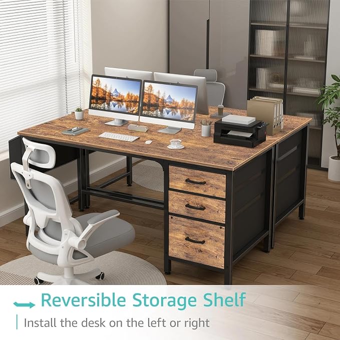 Lufeiya Computer Desk with Fabric File Drawers Cabinet, 55 Inch Reversible Home - Image 4