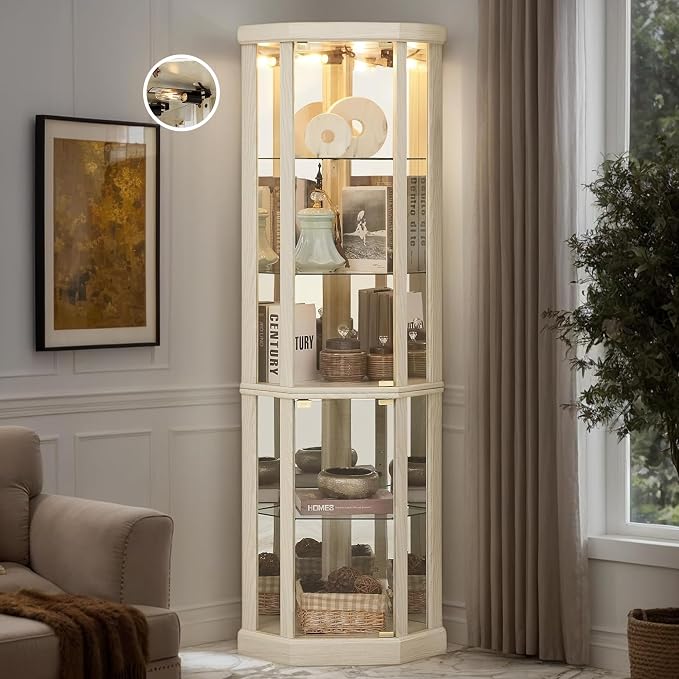 Corner Curio Cabinet, Light Bulb Inclued, Wine Bar China Cabinet by CKEASEANFurniture