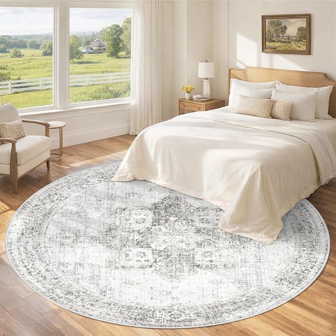 Round Rugs 6ft Washable Rug, Vintage Boho Medallion Rugs Non-Slip Soft Low Pile - Image 3