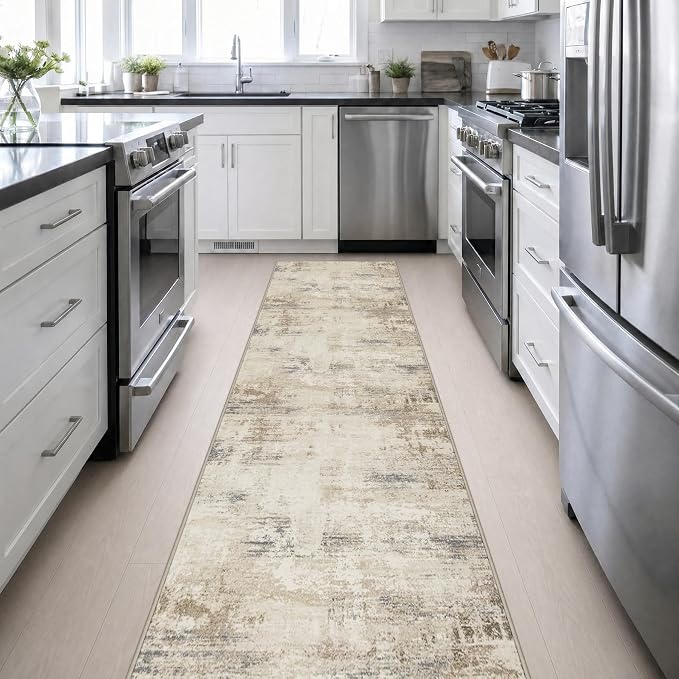 2.6x14 Washable Runner Rug:Modern Abstract Soft Carpet Beige Brown | - Image 5