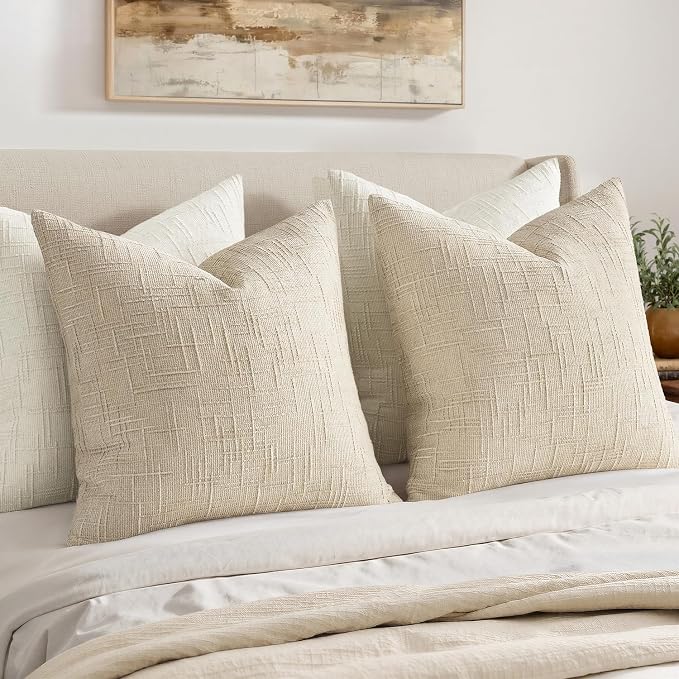 MIULEE Chenille Textured Throw Pillow Covers Beige 20x20 Set of 2 | Slubby - Image 5