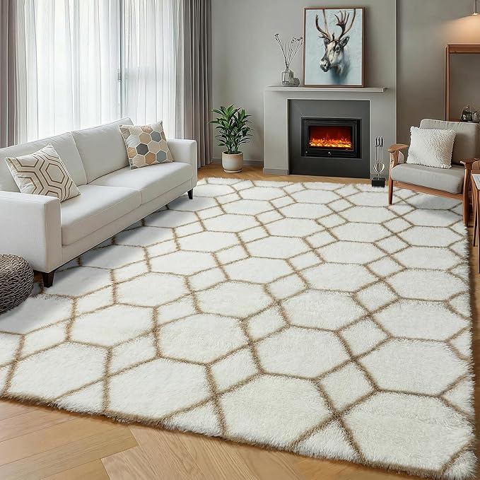8x10 Area Rugs for Living Room, Fluffy White and Beige Bedroom Modern Rug | - Image 7
