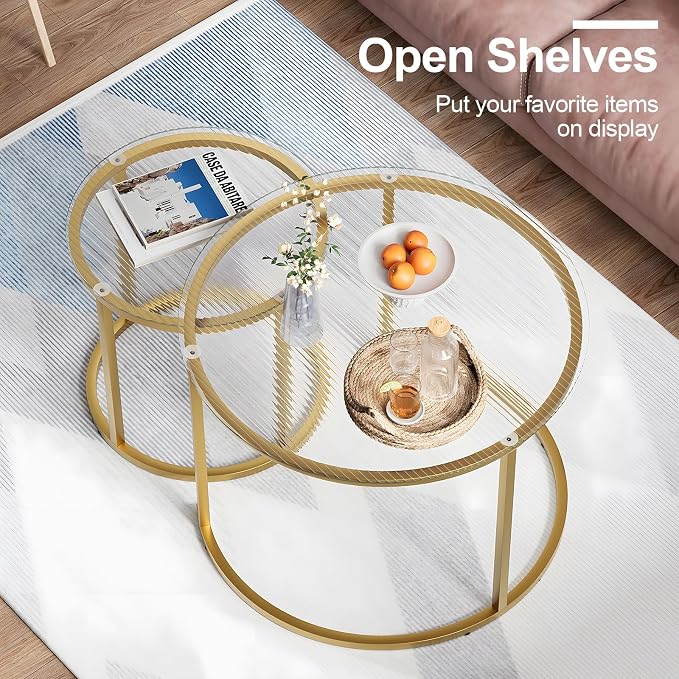 aboxoo Nesting Coffee Table Set of 2, Small Round Glass Nesting Tables - Image 4
