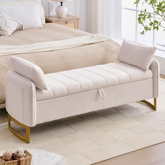 66" End of Bed Bench King Size, Teddy Boucle Storage Bench by Aemeios